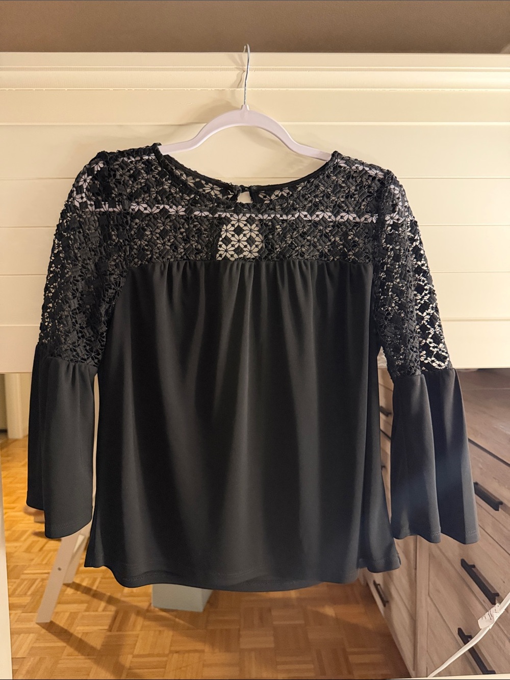 White House Black Market Black Lace Yoke Bell Sleeve Blouse